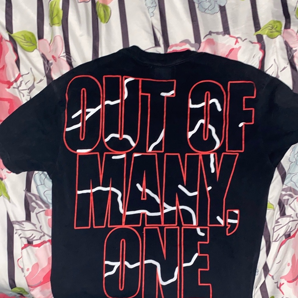 Black Graphic T-Shirt with Red and White Design